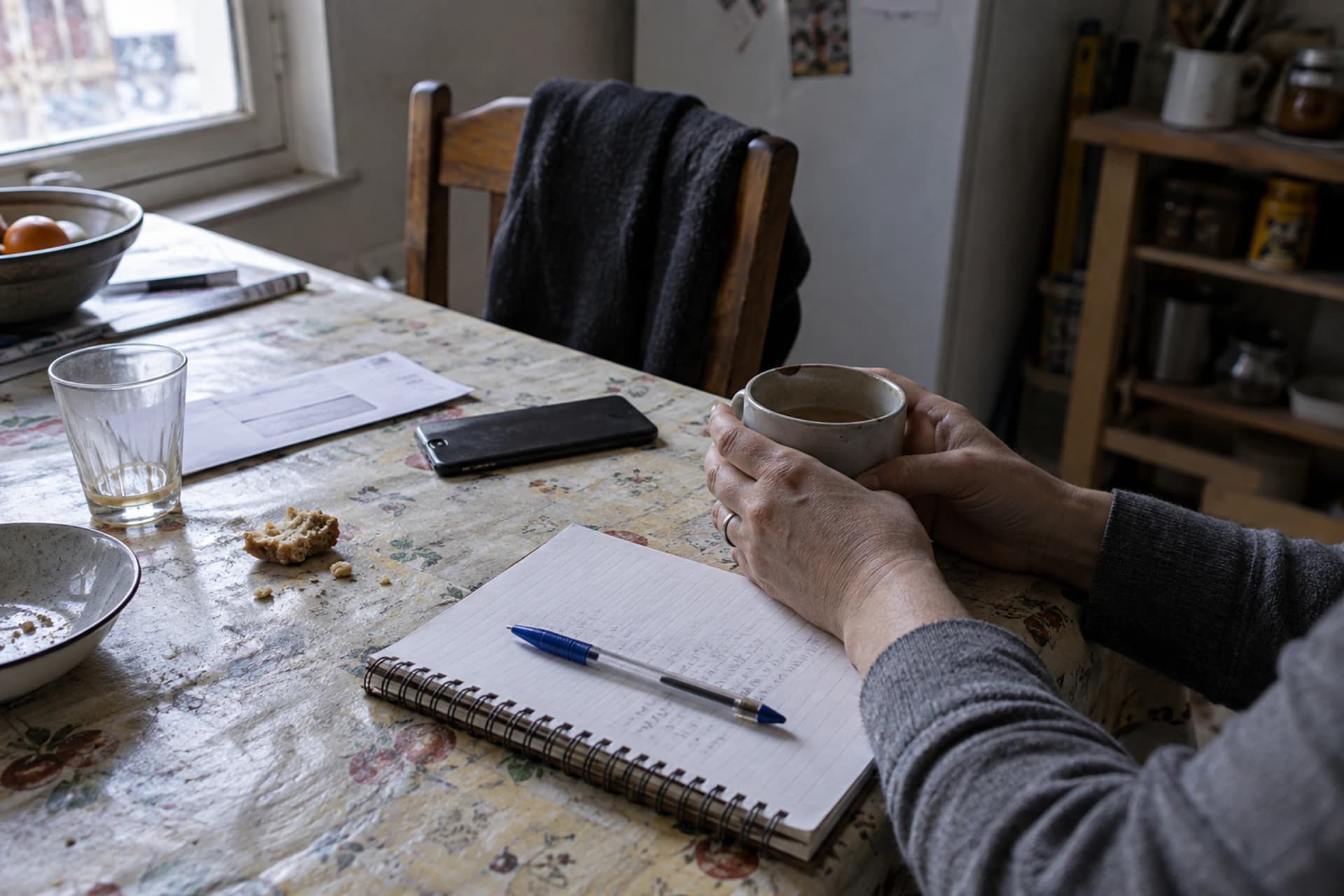 Des mains autour d'une tasse, un carnet ouvert et un crayon sur une table en bois, lumière du matin.