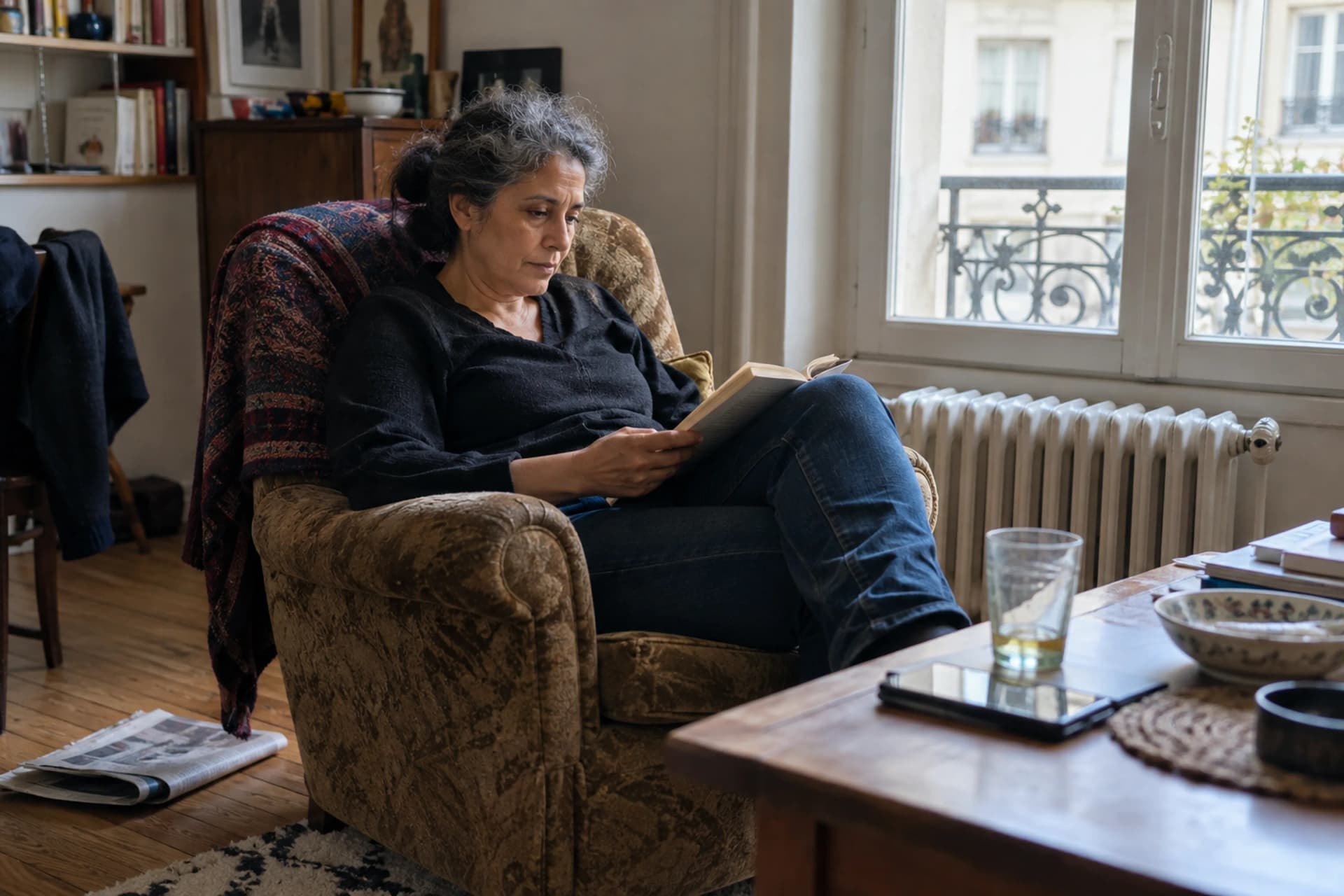 Une femme lit dans un fauteuil près d'une grande fenêtre, en plein jour.